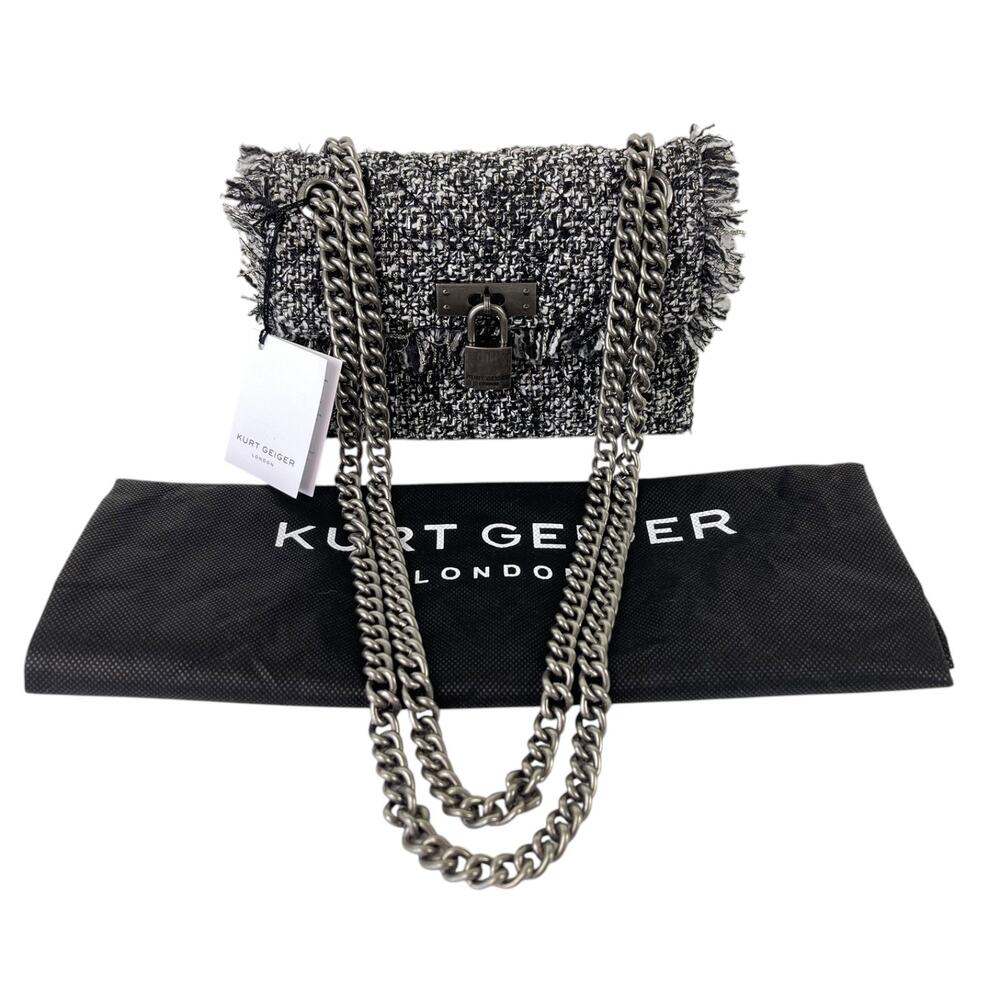 Kurt Geiger London Mini Brixton Grey Metallic Tweed Chain Crossbody Bag Purse